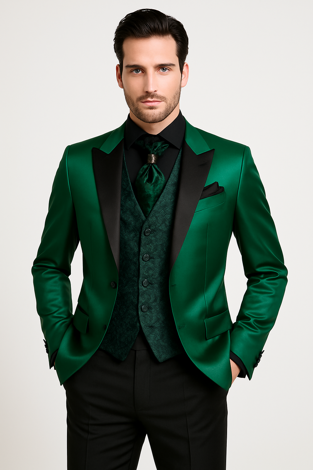 Men Shiny Satin Wedding Suits 2 Pieces Emerald Green Tuxedos Jacket by TuxedoUSA