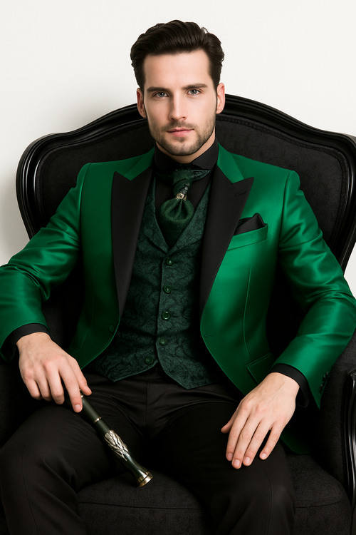 Men Shiny Satin Wedding Suits 2 Pieces Emerald Green Tuxedos Jacket by TuxedoUSA