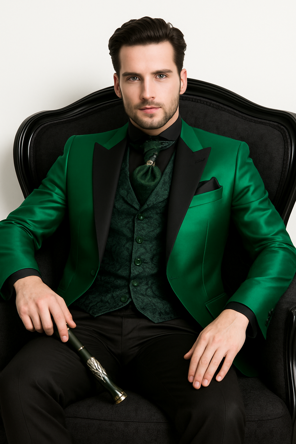 Men Shiny Satin Wedding Suits 2 Pieces Emerald Green Tuxedos Jacket by TuxedoUSA