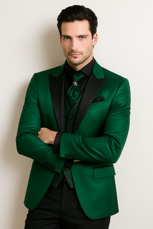 Men Shiny Satin Wedding Suits 2 Pieces Emerald Green Tuxedos Jacket by TuxedoUSA