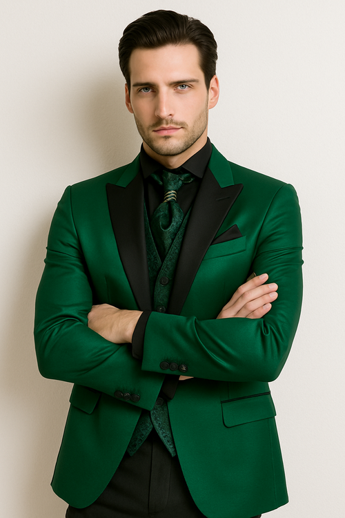 Men Shiny Satin Wedding Suits 2 Pieces Emerald Green Tuxedos Jacket by TuxedoUSA