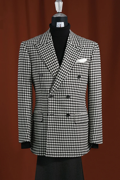 Men’s Black & White Houndstooth Blazer – 100% Wool Modern Fit Sport Coat