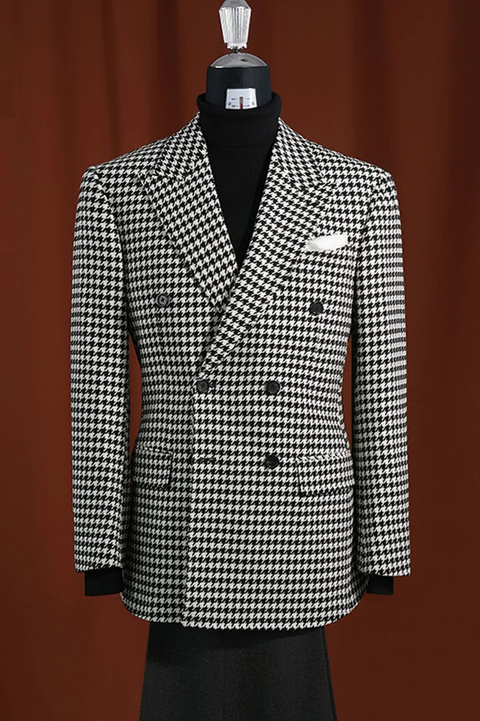 Men’s Black & White Houndstooth Blazer – 100% Wool Modern Fit Sport Coat