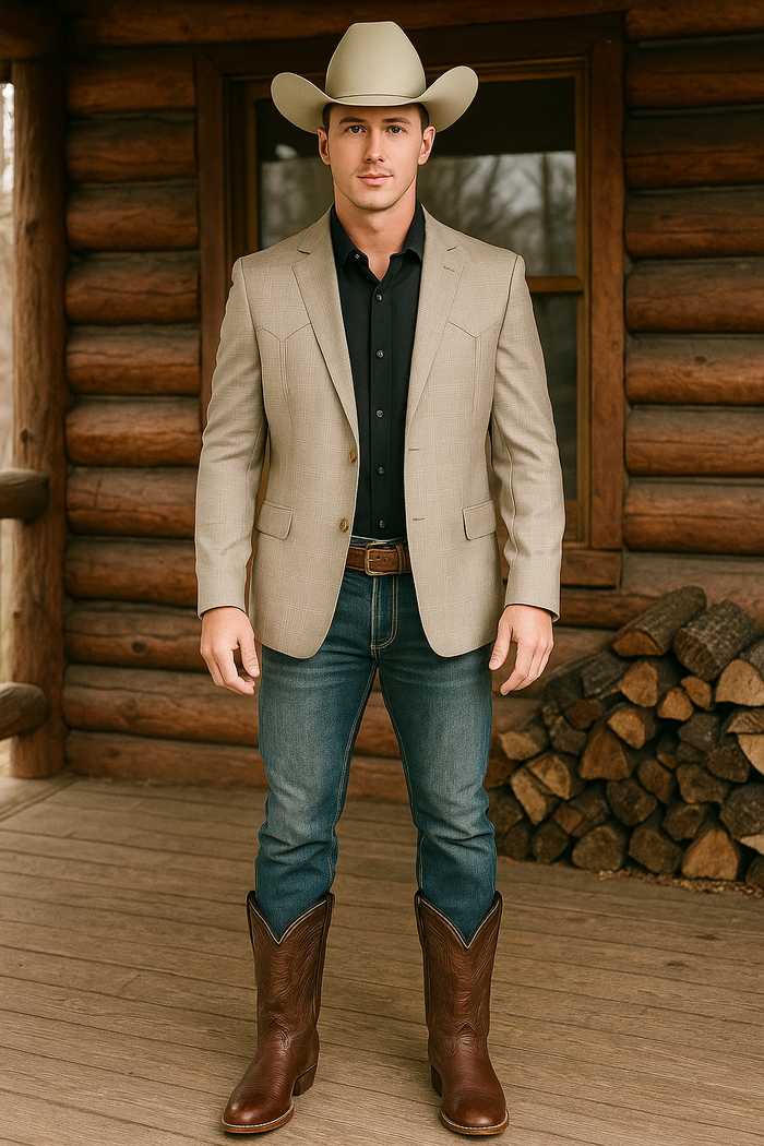 Saco Vaquero Western Blazer - Saco Para Hombre -Mens Double Button Western Taupe Blazer