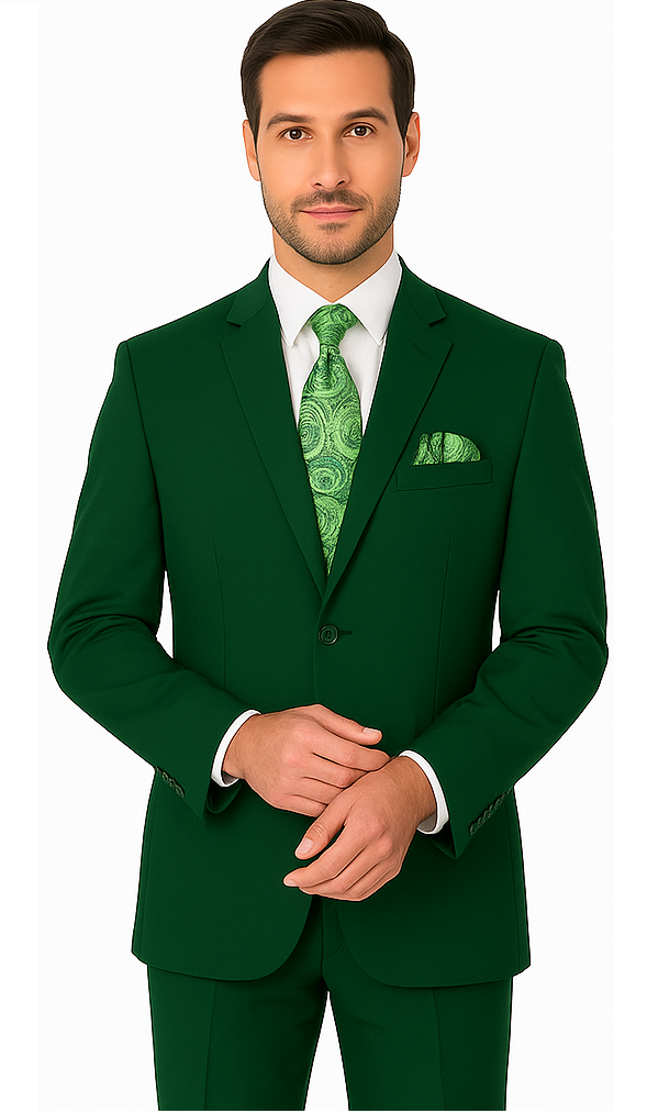 Mens 2 Button Classic Fit Basic Poplin Emerald Green Suit