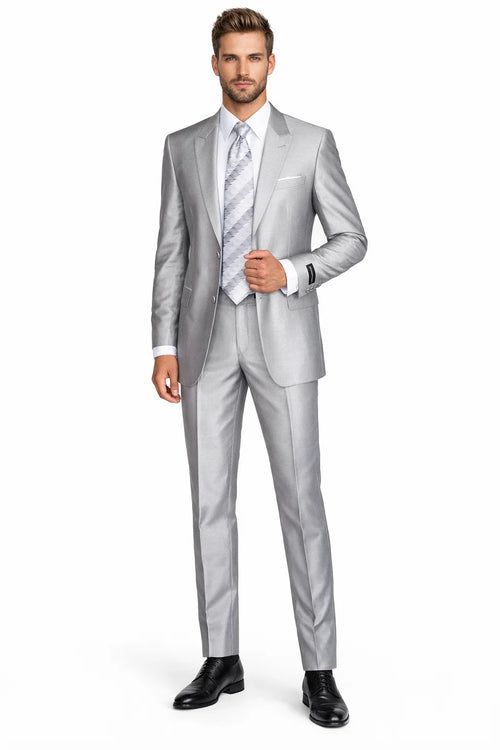 Mens 2 Button Peak Lapel Shiny Sharkskin Fabric Suit in Silver