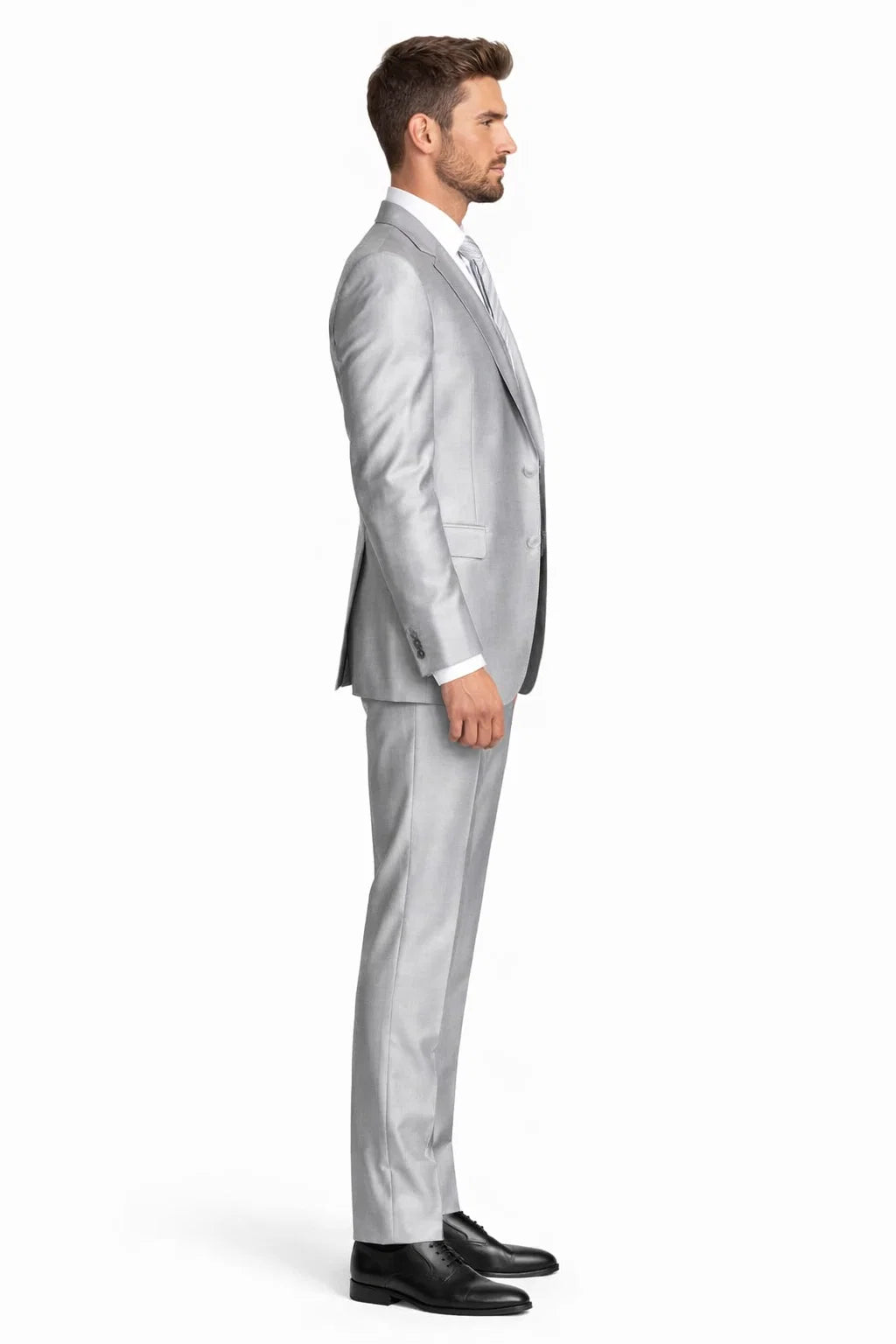 Mens 2 Button Peak Lapel Shiny Sharkskin Fabric Suit in Silver