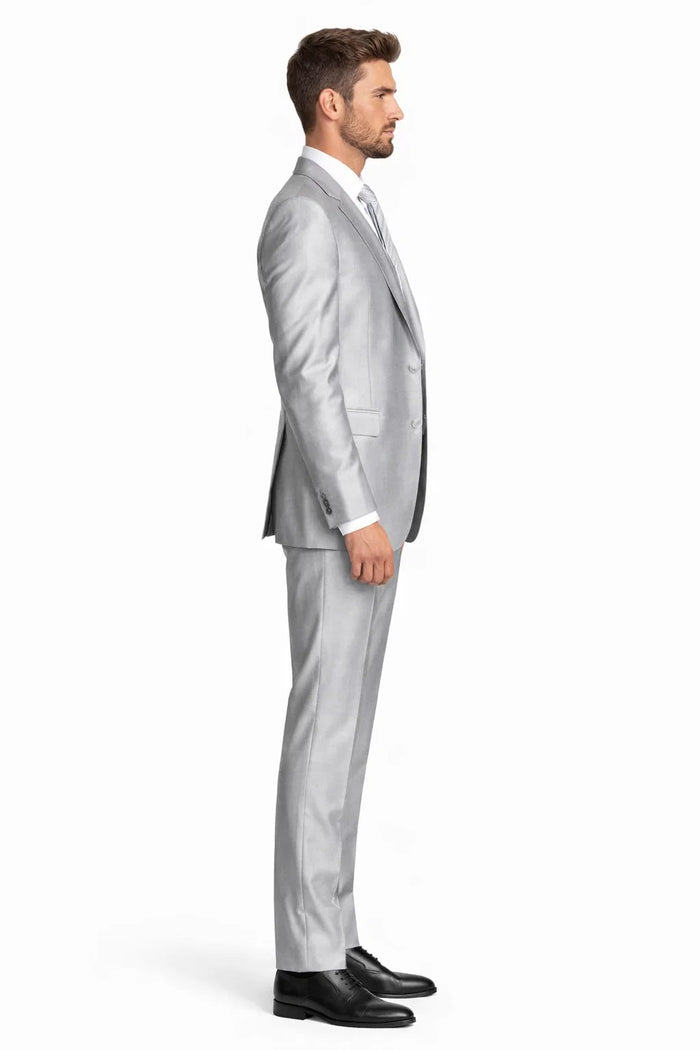 Mens 2 Button Shiny Sharkskin Fabric Suit in Silver