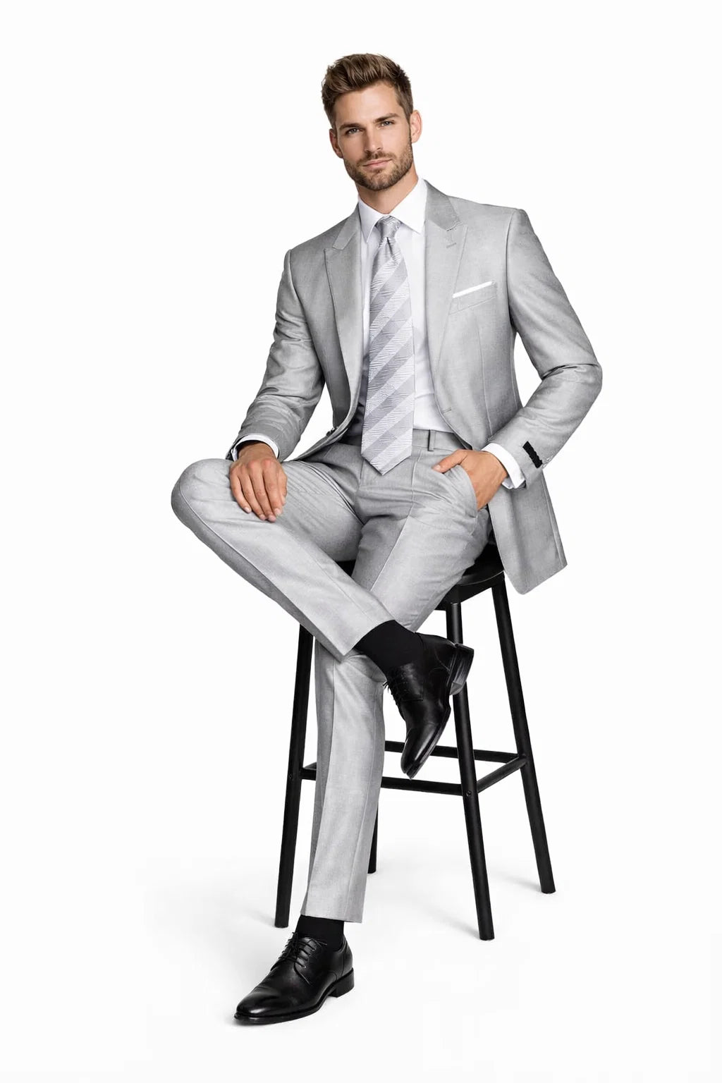 Mens 2 Button Peak Lapel Shiny Sharkskin Fabric Suit in Silver