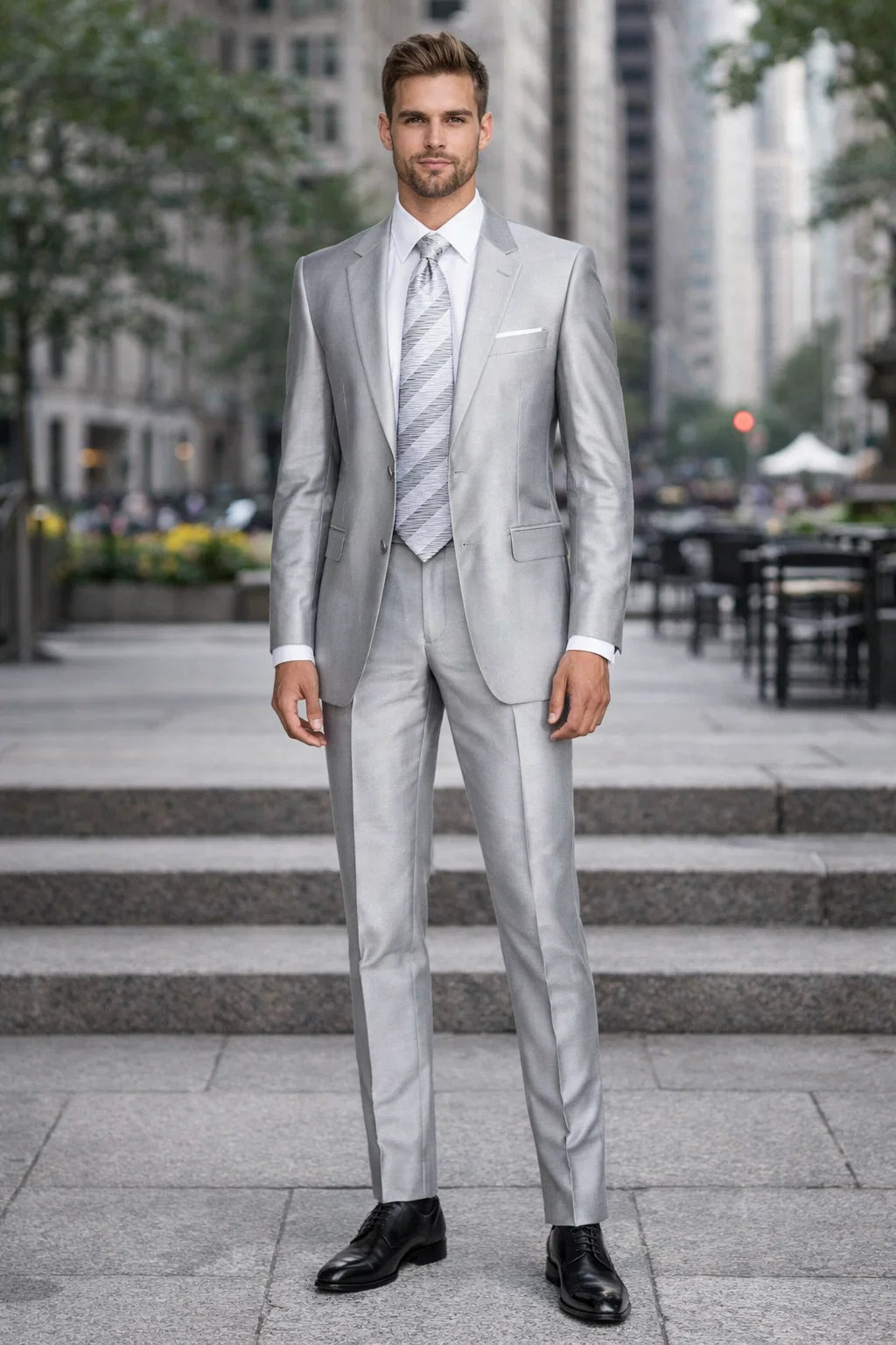 Mens 2 Button Peak Lapel Shiny Sharkskin Fabric Suit in Silver