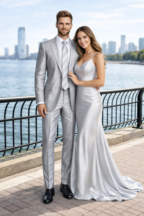 Mens 2 Button Peak Lapel Shiny Sharkskin Fabric Suit in Silver