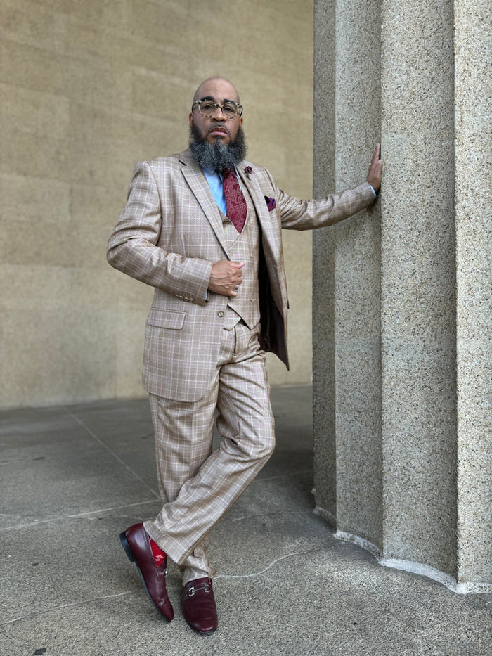 Marc Darcy Wedding Suits Mens 2 Button Vested Peak Lapel Plaid Windowpane Suit in Camel USA Men's Outlet