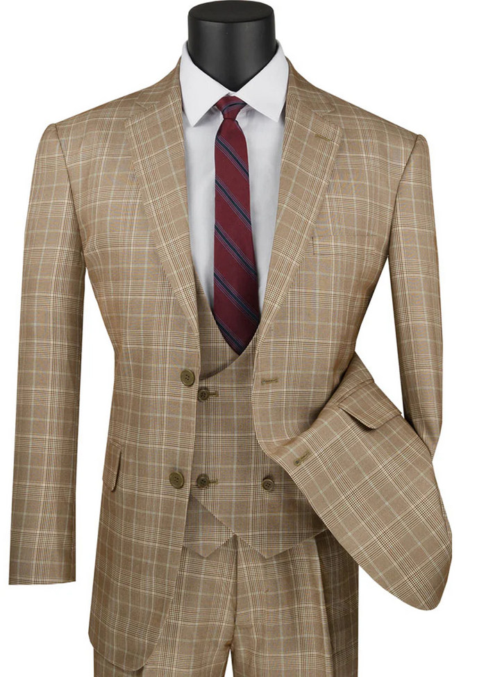 Marc Darcy Wedding Suits Mens 2 Button Vested Peak Lapel Plaid Windowpane Suit in Camel USA Men's Outlet
