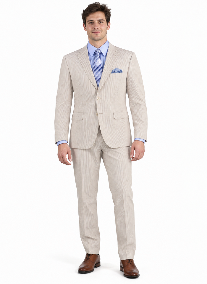Men's 2PC Summer Seersucker Modern Fit Tan Pinstripe Suit
