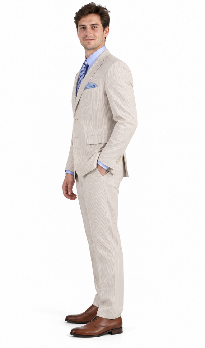 Men's 2PC Summer Seersucker Modern Fit Tan Pinstripe Suit