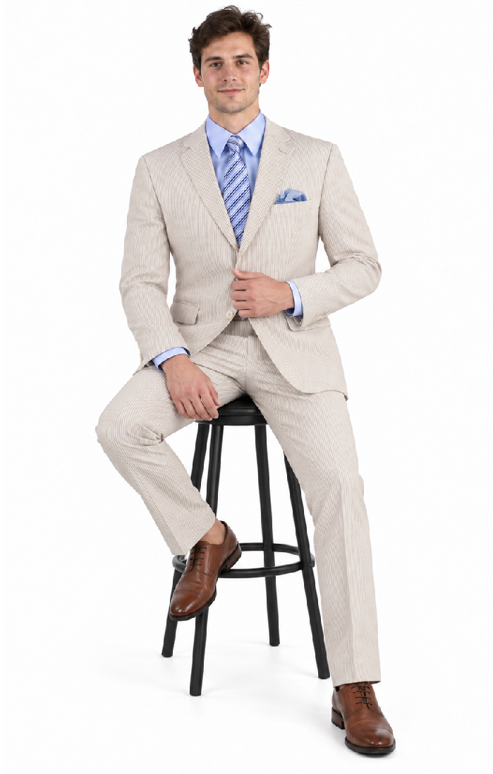 Men's 2PC Summer Seersucker Modern Fit Tan Pinstripe Suit
