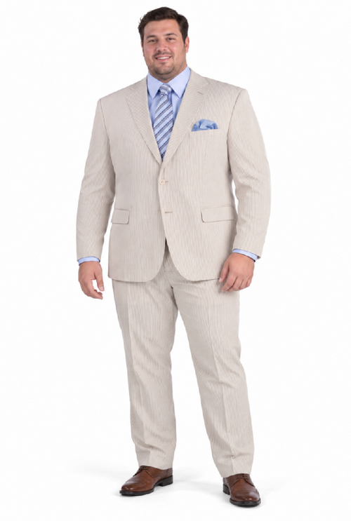 Men's 2PC Summer Seersucker Modern Fit Tan Pinstripe Suit
