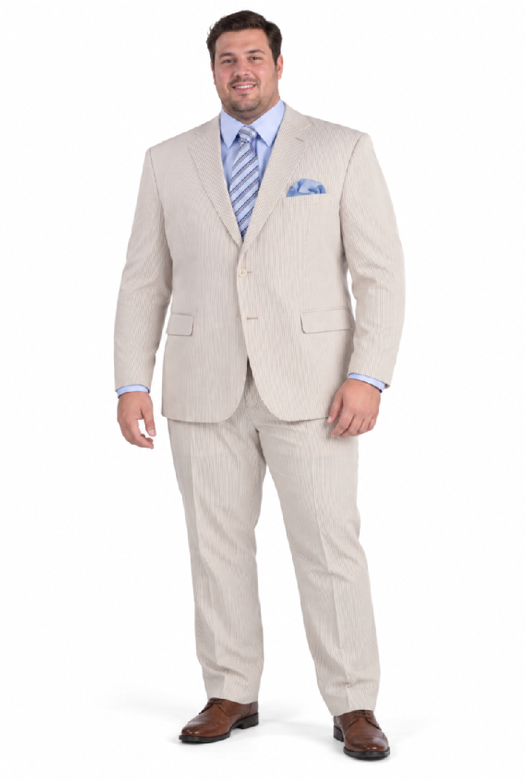 Men's 2PC Summer Seersucker Modern Fit Tan Pinstripe Suit