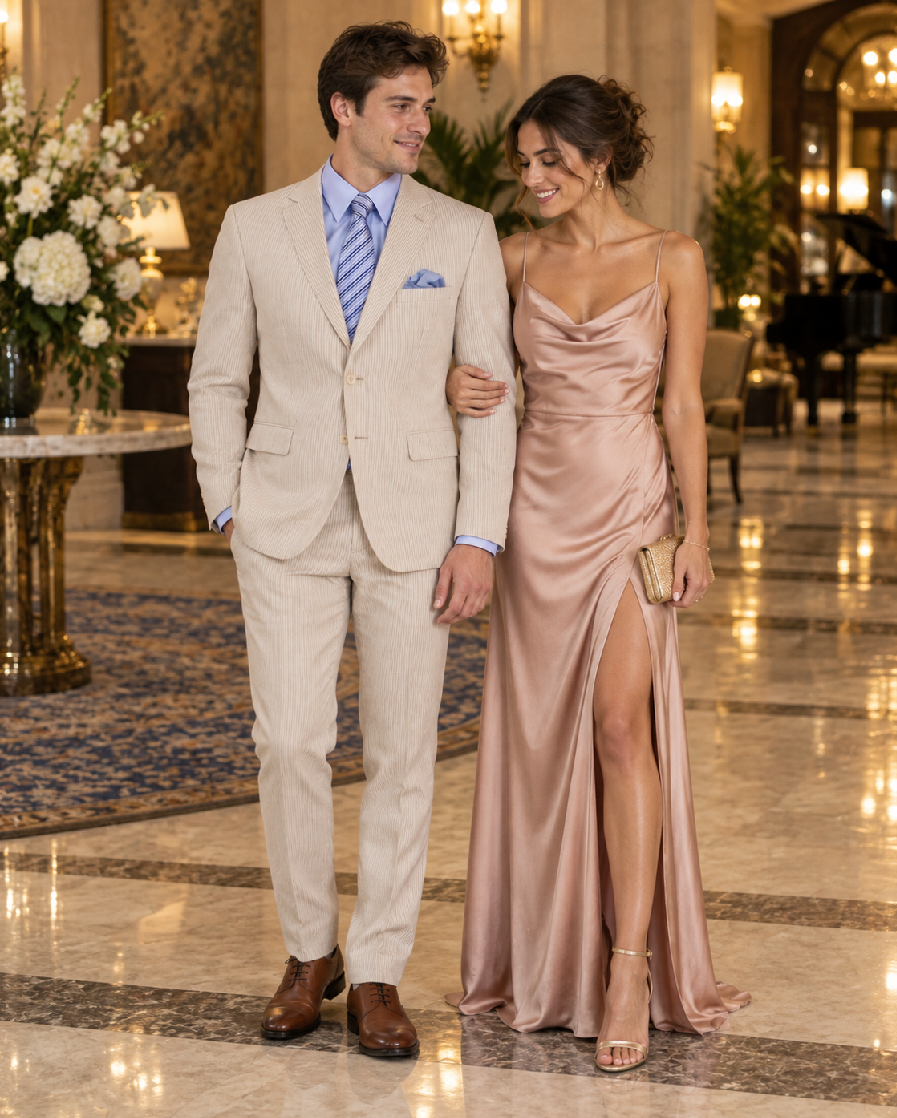 Men's 2PC Summer Seersucker Modern Fit Tan Pinstripe Suit