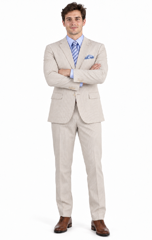 Men's 2PC Summer Seersucker Modern Fit Tan Pinstripe Suit