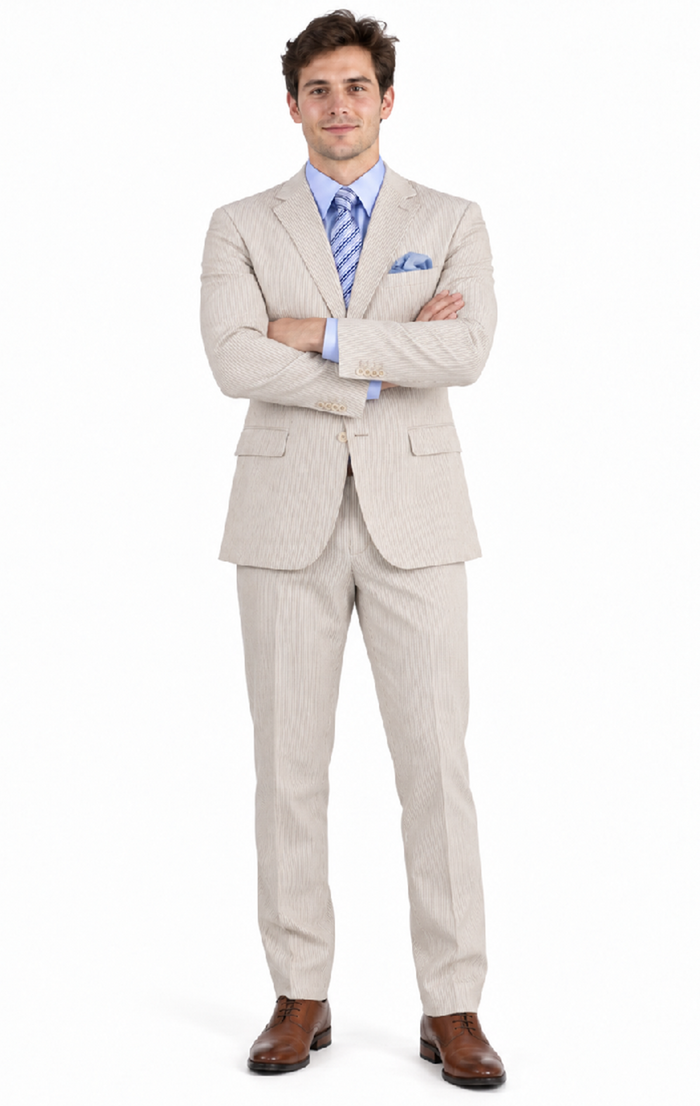 Men's 2PC Summer Seersucker Modern Fit Tan Pinstripe Suit