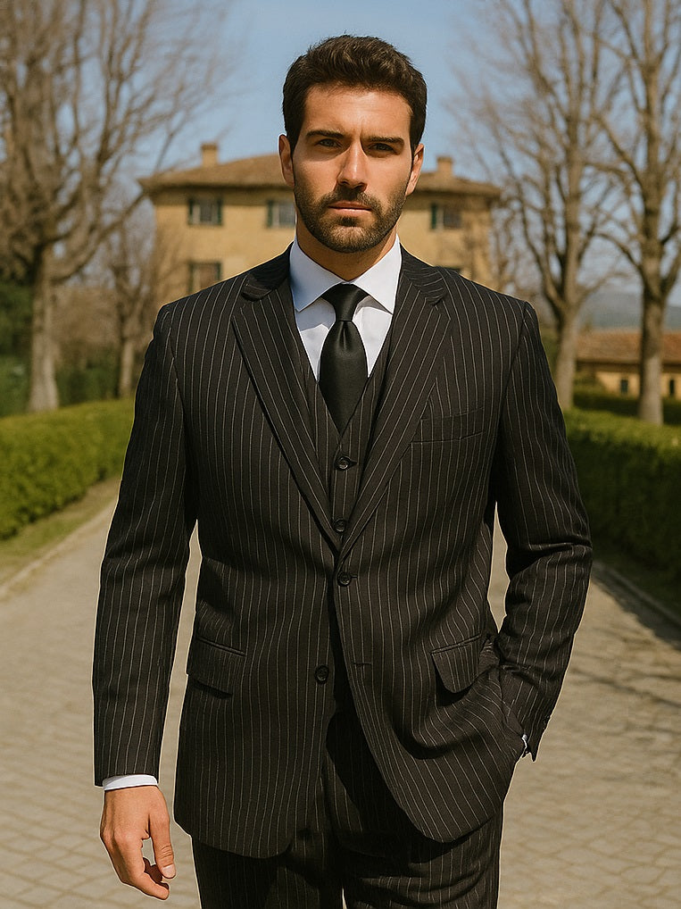 Men's 3-Piece Black Bold White Chalk Bold Pinstripe Vested Cheap Priced Business Suits Clearance Sale – SuitUSA