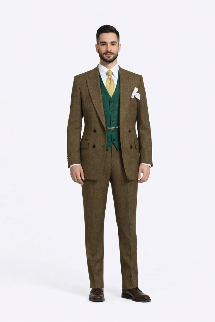 Al Capone Outfit for Men Brown Double Breasted Suit $179 + Hunter Green Vest $59 USA Men's Outlet