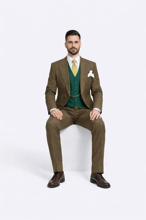 Al Capone Outfit for Men Brown Double Breasted Suit $179 + Hunter Green Vest $59