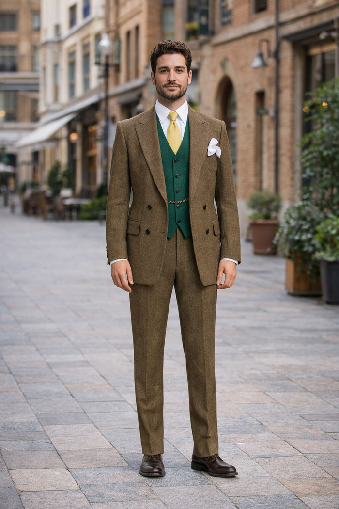 Al Capone Outfit for Men Brown Double Breasted Suit $179 + Hunter Green Vest $59 USA Men's Outlet