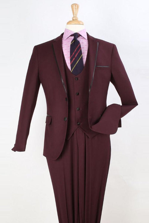 Mens Apollo King Burgundy Vested Clim Fit Tuxedo Suit w/ Trim - Elegant Mensattire