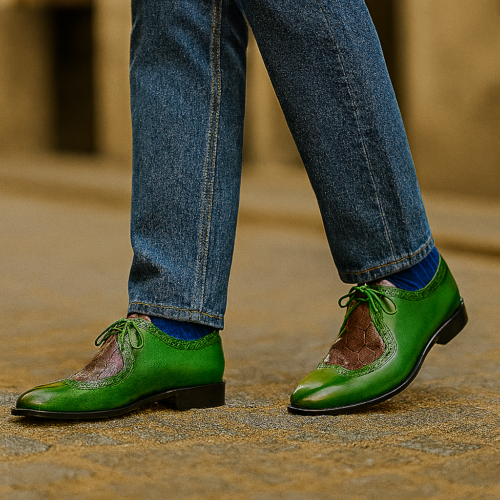 Men's Belvedere Etore Hand Painted Calf & Ostrich Leg Wingtip Dress Shoe in Green & Burgundy