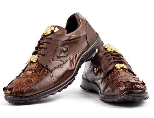 Men's Belvedere Vasco Calf & Crocodile Hornback Tail Sneaker in Tabac Brown