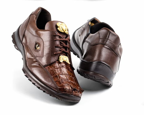 Men's Belvedere Vasco Calf & Crocodile Hornback Tail Sneaker in Tabac Brown