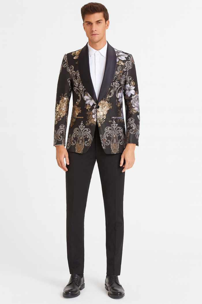 Men’s Black and Gold and Silver Floral Jacquard Blazer with Satin Shawl Lapel Tuxedo Suit With Black Pants with Bowtie by USA Men's Outlet