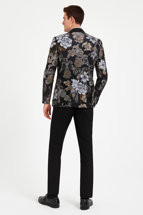 Men’s Black and Gold and Silver Floral Jacquard Blazer with Satin Shawl Lapel Tuxedo Suit With Black Pants with Bowtie by USA Men's Outlet