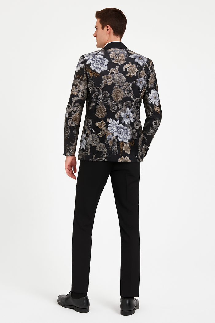 Men’s Black and Gold and Silver Floral Jacquard Blazer with Satin Shawl Lapel Tuxedo Suit With Black Pants with Bowtie by USA Men's Outlet
