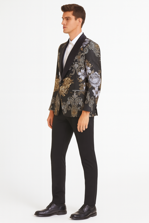 Men’s Black and Gold and Silver Floral Jacquard Blazer with Satin Shawl Lapel Tuxedo Suit With Black Pants with Bowtie by USA Men's Outlet