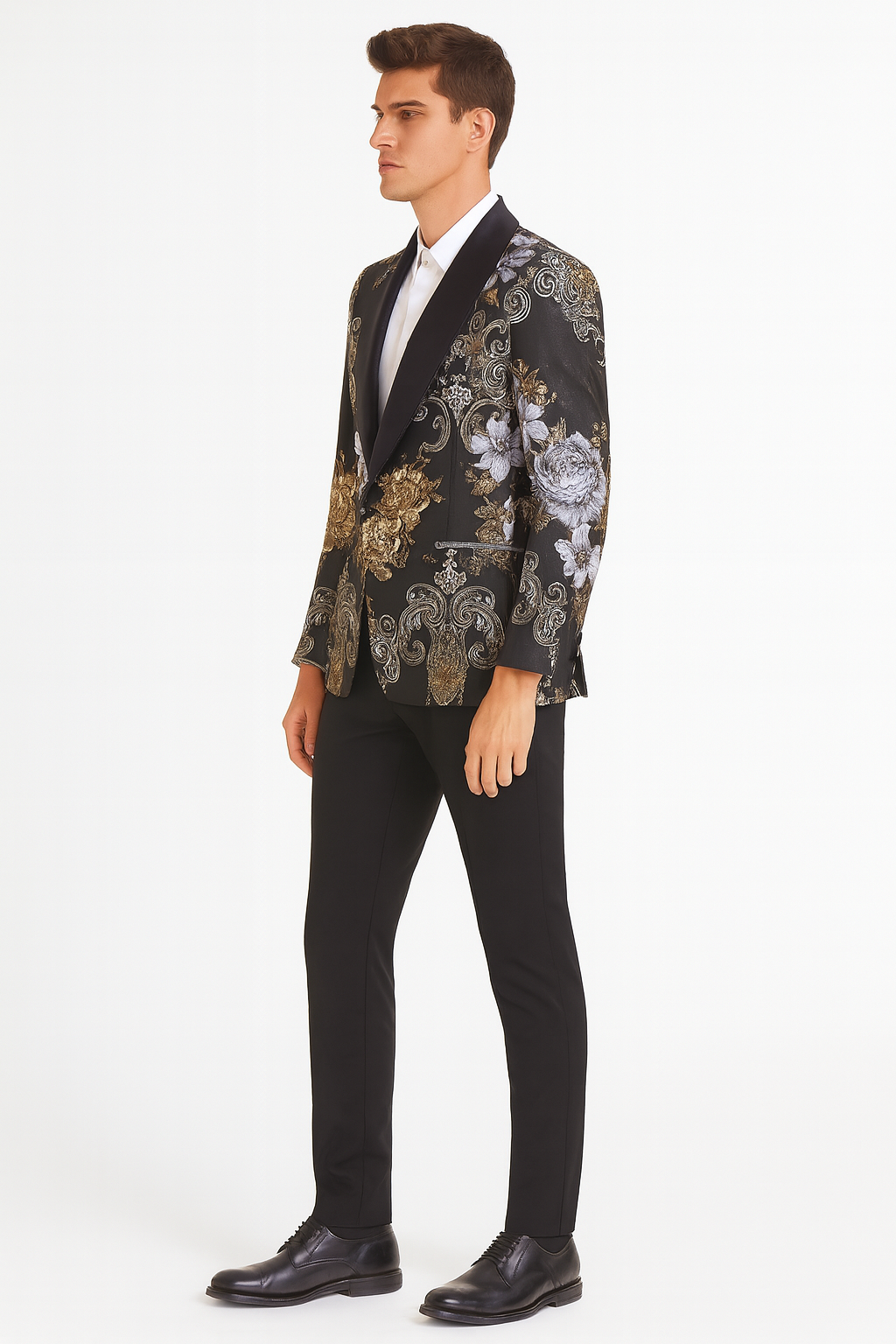 Men’s Black and Gold and Silver Floral Jacquard Blazer with Satin Shawl Lapel Tuxedo Suit With Black Pants with Bowtie