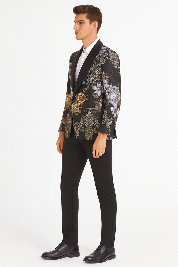 Men’s Black and Gold and Silver Floral Jacquard Blazer with Satin Shawl Lapel Tuxedo Suit With Black Pants with Bowtie by USA Men's Outlet