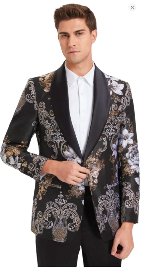 Men’s Black and Gold and Silver Floral Jacquard Blazer with Satin Shawl Lapel Tuxedo Suit With Black Pants with Bowtie by USA Men's Outlet