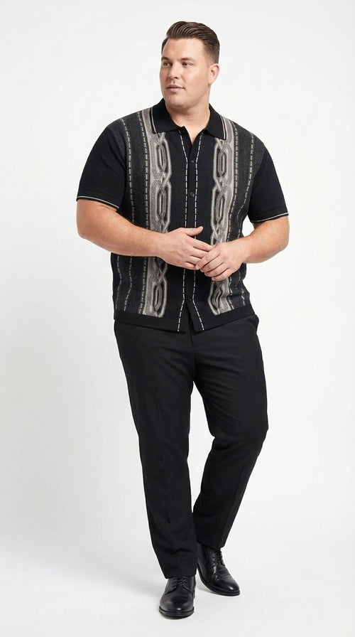 Mens Black and Gray Pattern Walking Suit Set – Short Sleeve Knit Shirt and Pants Casual Outfit for Summer, Travel and Everyday Wear