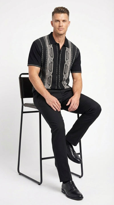 Mens Black and Gray Pattern Walking Suit Set – Short Sleeve Knit Shirt and Pants Casual Outfit for Summer, Travel and Everyday Wear