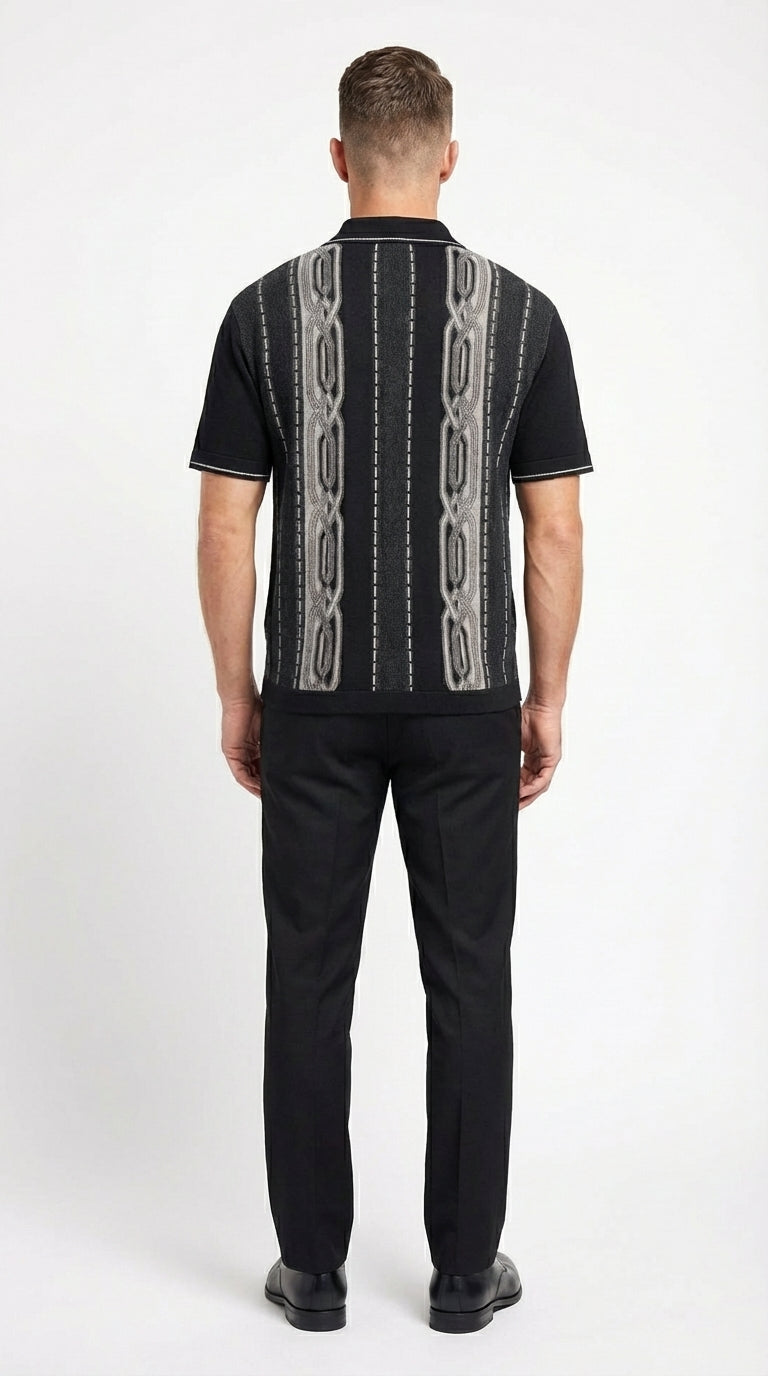 Mens Black and Gray Pattern Walking Suit Set – Short Sleeve Knit Shirt and Pants Casual Outfit for Summer, Travel and Everyday Wear