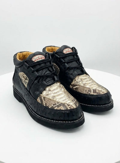 Men’s Black and Natural Exotic Alligator Crocodile Casual Shoes – Ostrich and Snakeskin Pattern Lace Up Dress Shoes - Boot By Los Altos