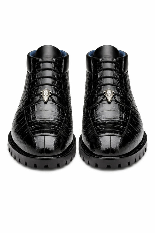 Gallardo Men's Shoes Black Exotic Caiman Crocodile Derby Split-toe Boots Belvedere Shoes