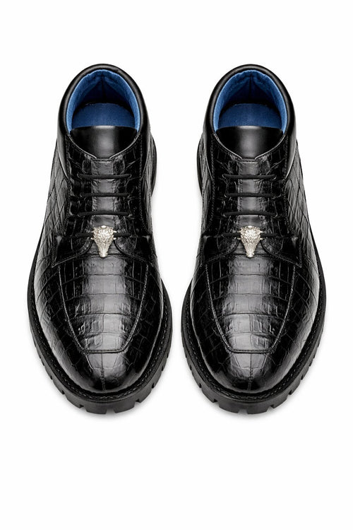 Gallardo Men's Shoes Black Exotic Caiman Crocodile Derby Split-toe Boots Belvedere Shoes