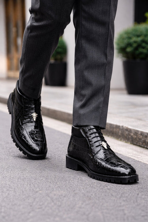 Gallardo Men's Shoes Black Exotic Caiman Crocodile Derby Split-toe Boots Belvedere Shoes