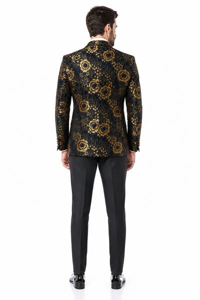 'Exquisite Black & Gold Paisley Prom and Wedding Dinner Jacket for Sophisticated Grooms and Prom Kings'