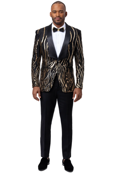 Black  Prom Tuxedo Suit - Black Wedding Suit - Mens Square Shawl Lapel Black & Gold Sequin Prom Tuxedo Jacket