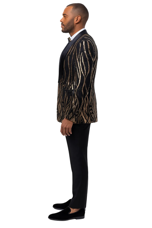 Black  Prom Tuxedo Suit - Black Wedding Suit - Mens Square Shawl Lapel Black & Gold Sequin Prom Tuxedo Jacket